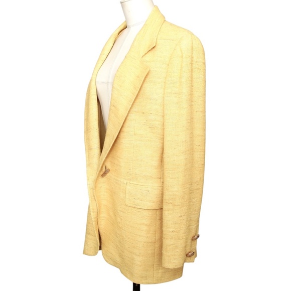 CARLISLE Jacket Blazer Yellow Silk Lapel Pockets Button Long Sleeve Sz 10 - Picture 2 of 5